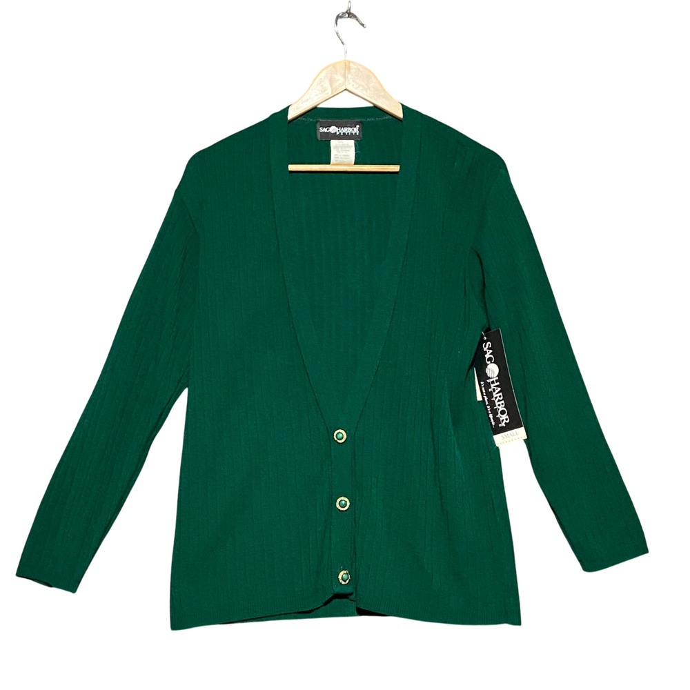 Sag Harbor Petite 3pc Cardigan Striped Top Skirt Set Pine Green Vintage NWT S/M - Picture 2 of 16
